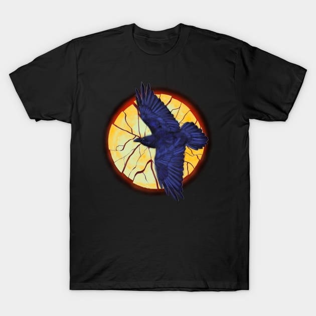 Crow flying over an exploding full moon T-Shirt by DaveDanchuk